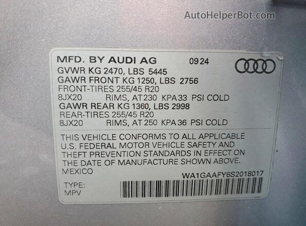 WA1GAAFY6S2018017 2025 AUDI Q5 Silver Widok wnętrza 360 stopni
