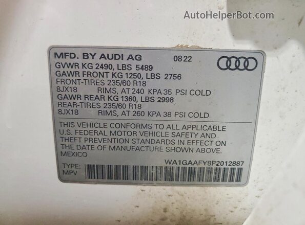 WA1GAAFY8P2012887 2023 AUDI Q5 Белый Вид наклейки с VIN-кодом