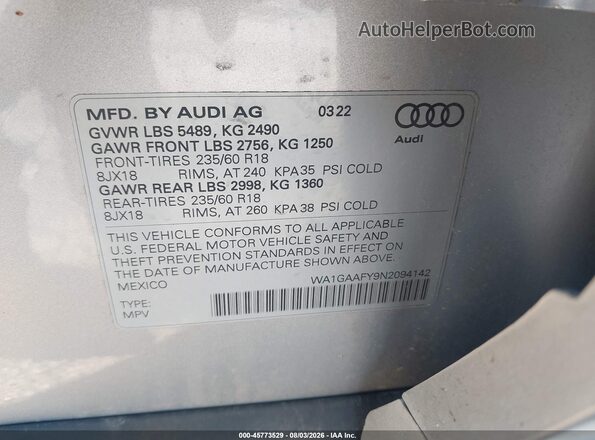 WA1GAAFY9N2094142 2022 AUDI Q5 Silver ძრავის განყოფილების ხედი