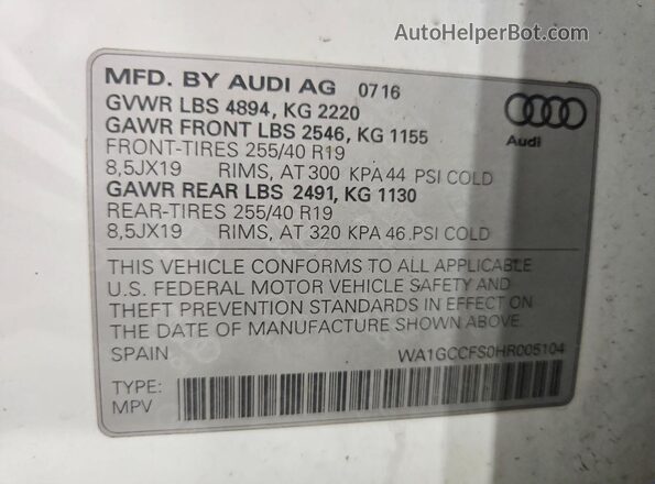 WA1GCCFS0HR005104 2017 AUDI Q3 White Вид наклейки з VIN-кодом