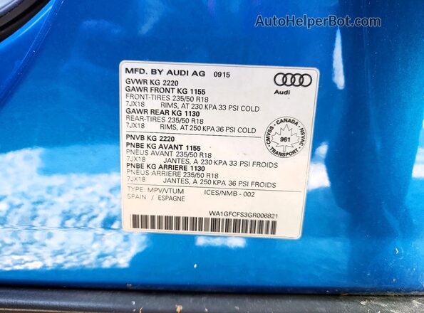 WA1GFCFS3GR006821 2016 AUDI Q3 Синий Вид наклейки с VIN-кодом