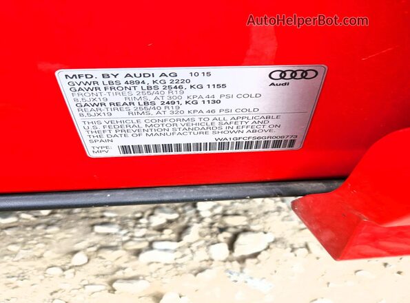 WA1GFCFS6GR008773 2016 AUDI Q3 Red VIN կոդի պիտակի տեսք