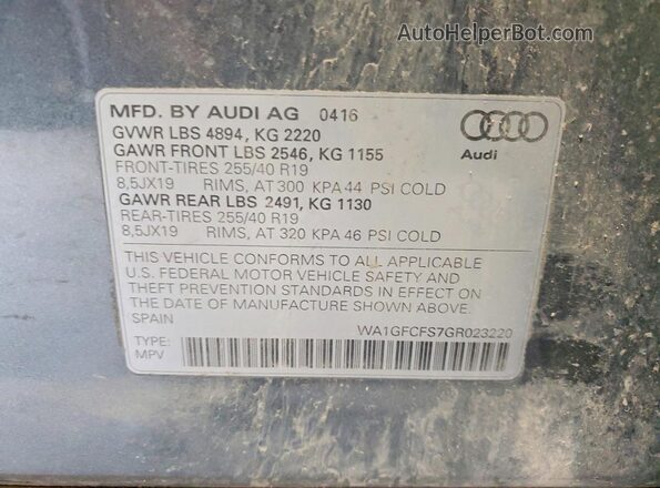 WA1GFCFS7GR023220 2016 AUDI Q3 Gray VIN კოდის სტიკერის ხედი