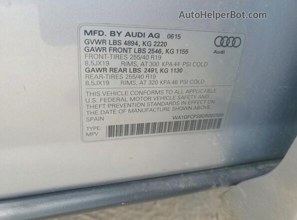 WA1GFCFS8GR002599 2016 AUDI Q3 Серебряный Вид наклейки с VIN-кодом