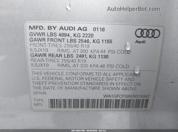 WA1GFCFS8GR016342 2016 AUDI Q3 Silver Вид підкапотного простору