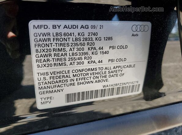 WA1H2BFZ3NP016278 2022 AUDI Q4 Black VIN կոդի պիտակի տեսք