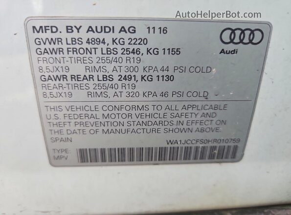 WA1JCCFS0HR010759 2017 AUDI Q3 Белый Вид наклейки с VIN-кодом
