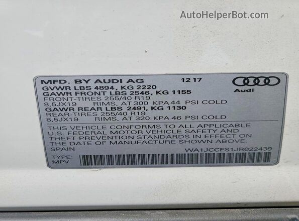 WA1JCCFS1JR022439 2018 AUDI Q3 White VIN sticker view