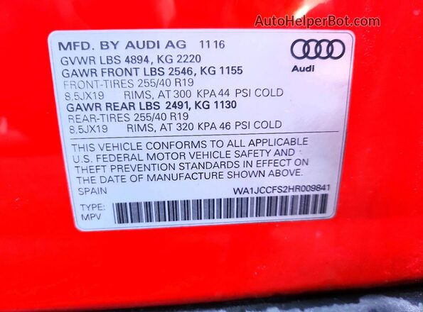 WA1JCCFS2HR009841 2017 AUDI Q3 Red Вид наклейки з VIN-кодом