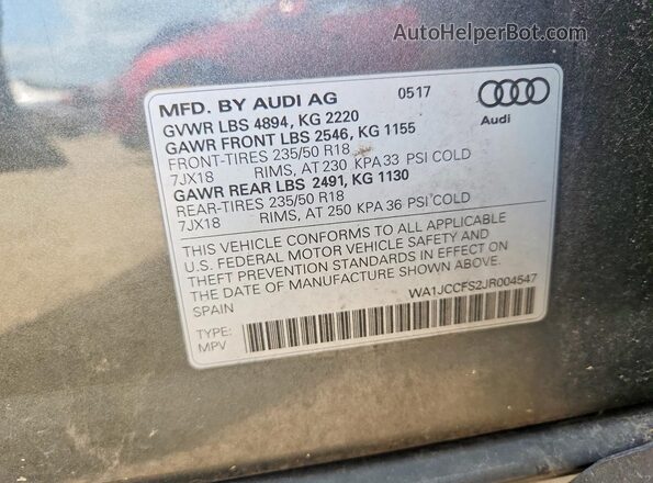 WA1JCCFS2JR004547 2018 AUDI Q3 Gray Շարժիչի բաժամունքի տեսք