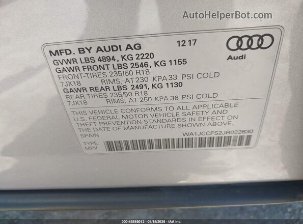 WA1JCCFS2JR022630 2018 AUDI Q3 Silver ძრავის განყოფილების ხედი