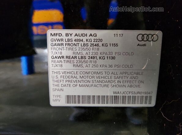 WA1JCCFS3JR019347 2018 AUDI Q3 Черный Вид наклейки с VIN-кодом
