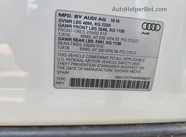 WA1JCCFS4HR008237 2017 AUDI Q3 Белый Вид наклейки с VIN-кодом