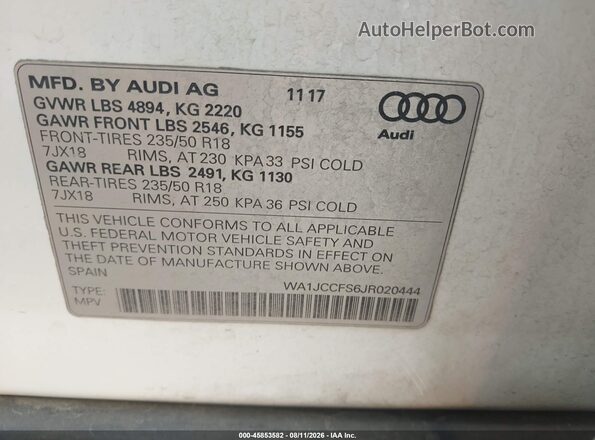 WA1JCCFS6JR020444 2018 AUDI Q3 White Вид підкапотного простору