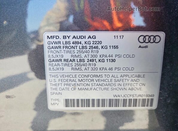 WA1JCCFS7JR019349 2018 AUDI Q3 Gray სალონის 360-გრადუსიანი ხედი