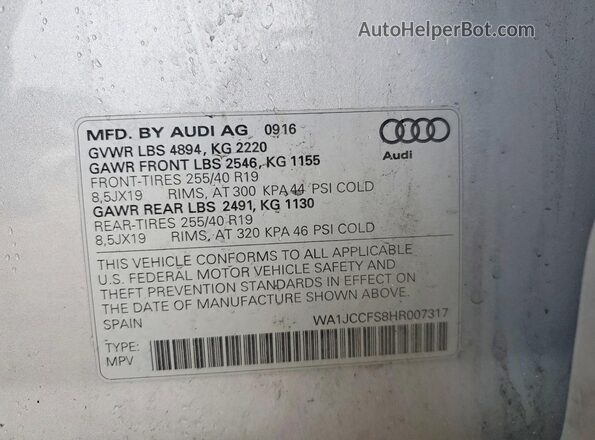 WA1JCCFS8HR007317 2017 AUDI Q3 Silver 360 interior view