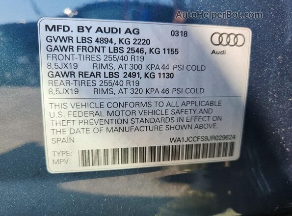 WA1JCCFS9JR029624 2018 AUDI Q3 Синий Вид наклейки с VIN-кодом