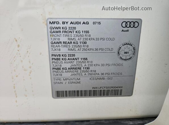 WA1JFCFS0GR004966 2016 AUDI Q3 White Вид наклейки з VIN-кодом