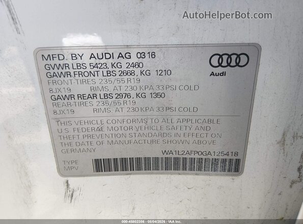 WA1L2AFP0GA125418 2016 AUDI Q5 White Շարժիչի բաժամունքի տեսք