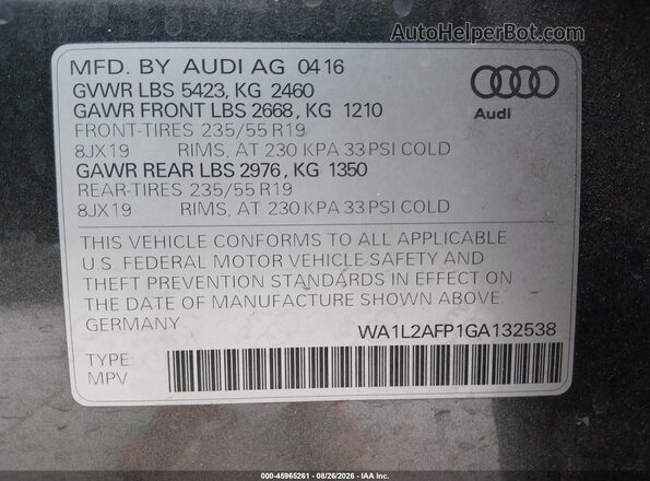 WA1L2AFP1GA132538 2016 AUDI Q5 Gray ძრავის განყოფილების ხედი