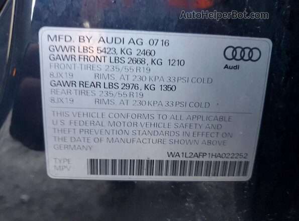 WA1L2AFP1HA022252 2017 AUDI Q5 Серый Вид наклейки с VIN-кодом