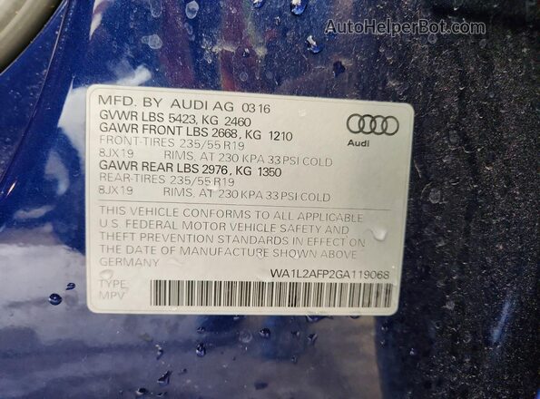 WA1L2AFP2GA119068 2016 AUDI Q5 Blue VIN կոդի պիտակի տեսք