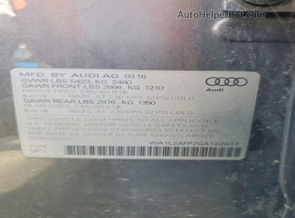WA1L2AFP2GA122617 2016 AUDI Q5 Gray Widok naklejki z numerem VIN