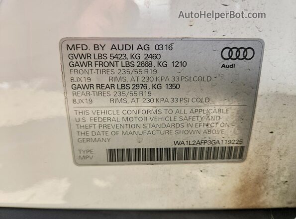WA1L2AFP3GA119225 2016 AUDI Q5 White VIN sticker view