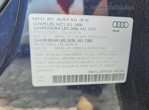 WA1L2AFP3GA146764 2016 AUDI Q5 Black Vista de la etiqueta del VIN
