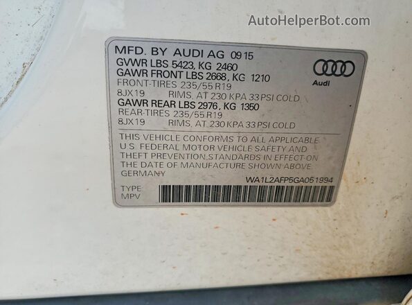 WA1L2AFP5GA051994 2016 AUDI Q5 White VIN კოდის სტიკერის ხედი