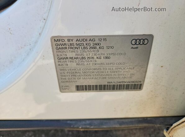 WA1L2AFP5GA090326 2016 AUDI Q5 Белый Вид наклейки с VIN-кодом