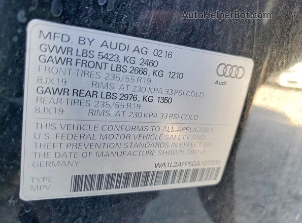 WA1L2AFP5GA107335 2016 AUDI Q5 Черный Вид наклейки с VIN-кодом