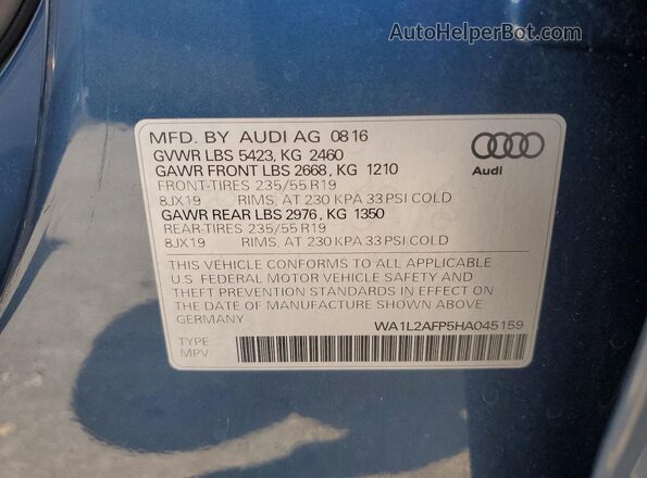 WA1L2AFP5HA045159 2017 AUDI Q5 Blue Vista de la etiqueta del VIN
