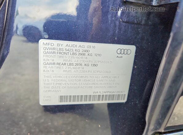 WA1L2AFP6GA126301 2016 AUDI Q5 Blue Widok naklejki z numerem VIN