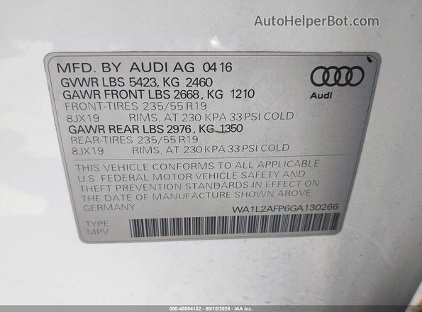 WA1L2AFP6GA130266 2016 AUDI Q5 White ძრავის განყოფილების ხედი