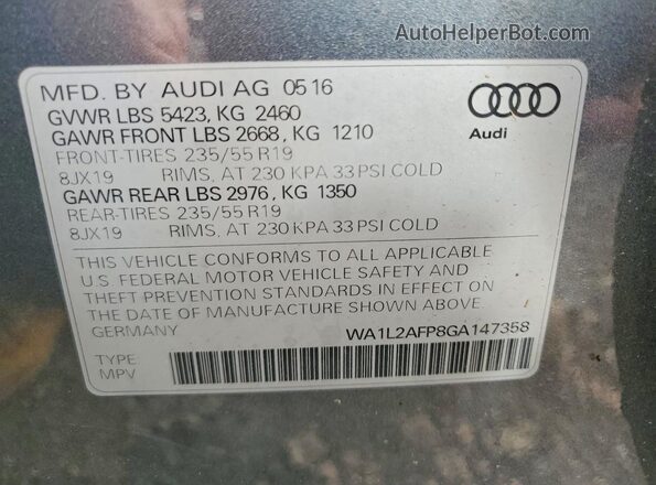 WA1L2AFP8GA147358 2016 AUDI Q5 Gray Widok naklejki z numerem VIN