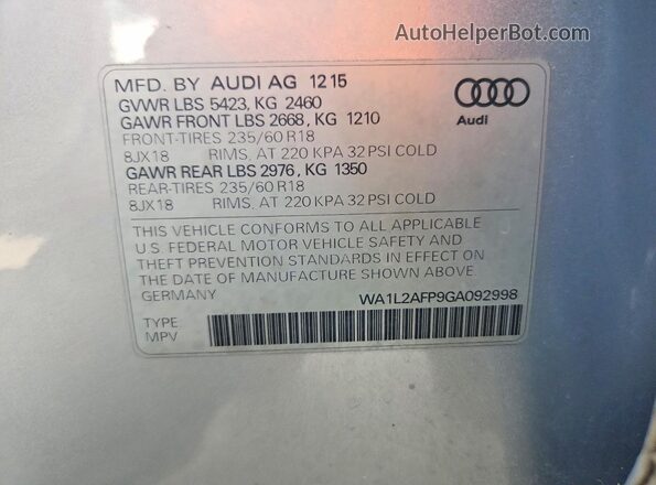 WA1L2AFP9GA092998 2016 AUDI Q5 Серебряный Вид наклейки с VIN-кодом
