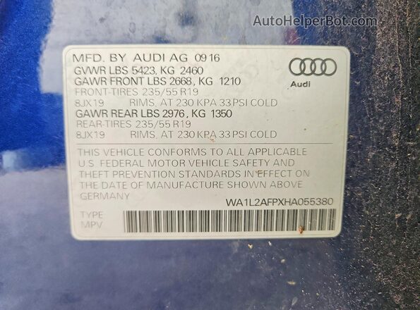 WA1L2AFPXHA055380 2017 AUDI Q5 Blue Vista de la etiqueta del VIN