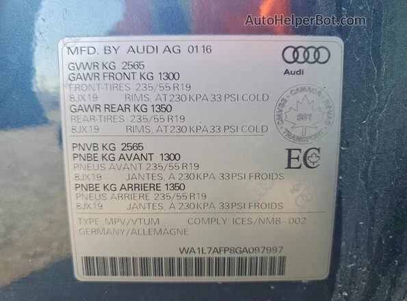 WA1L7AFP8GA097997 2016 AUDI Q5 Blue Widok naklejki z numerem VIN