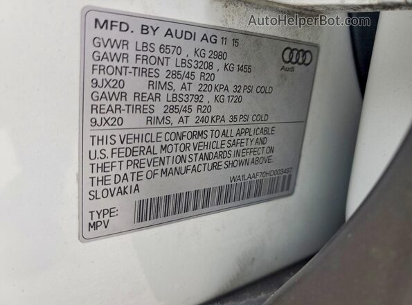 WA1LAAF70HD003497 2017 AUDI Q7 White VIN կոդի պիտակի տեսք