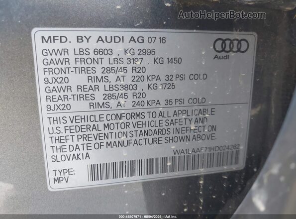 WA1LAAF71HD024262 2017 AUDI Q7 Gray Շարժիչի բաժամունքի տեսք