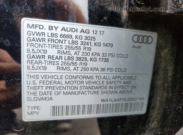 WA1LAAF72JD027189 2018 AUDI Q7 Black Engine compartment view