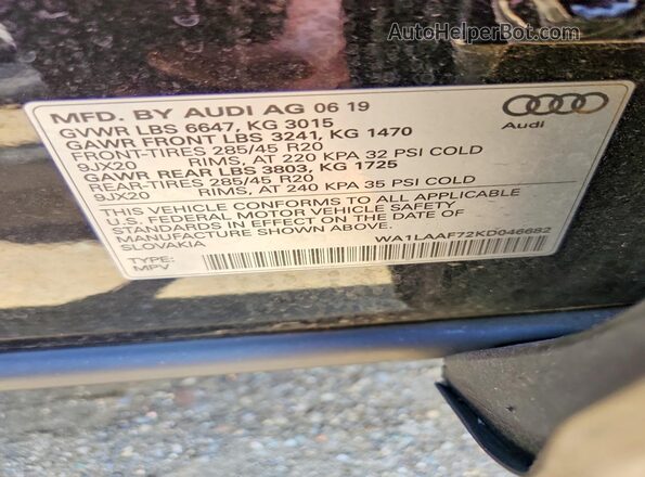 WA1LAAF72KD046682 2019 AUDI Q7 Black VIN კოდის სტიკერის ხედი