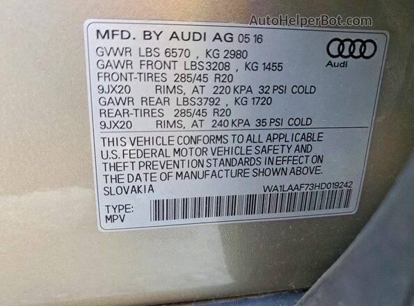 WA1LAAF73HD019242 2017 AUDI Q7 Tan Widok naklejki z numerem VIN