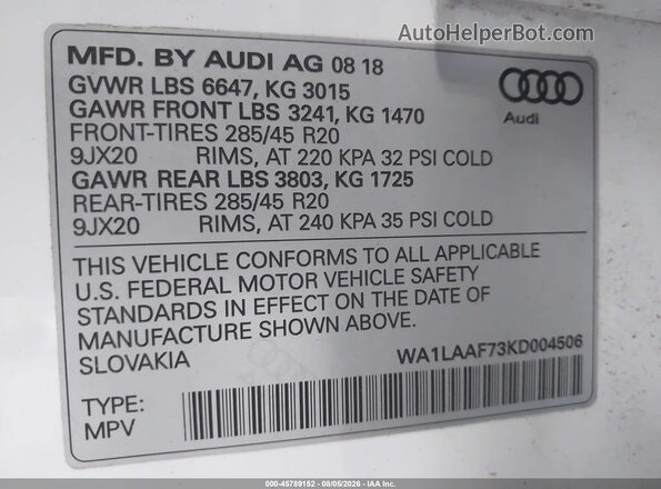 WA1LAAF73KD004506 2019 AUDI Q7 White Շարժիչի բաժամունքի տեսք