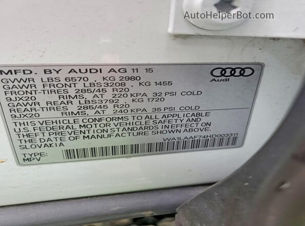 WA1LAAF74HD003311 2017 AUDI Q7 White ძრავის განყოფილების ხედი