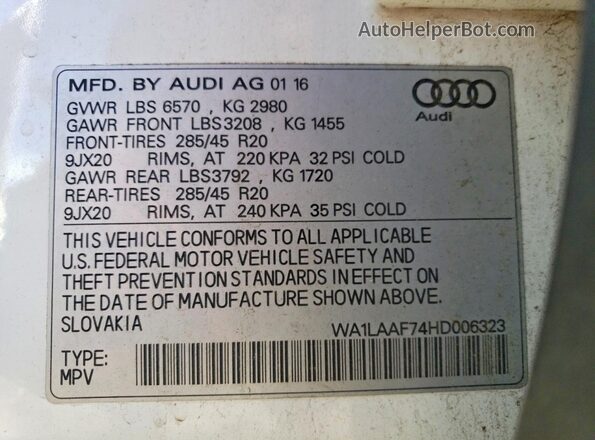 WA1LAAF74HD006323 2017 AUDI Q7 White VIN sticker view