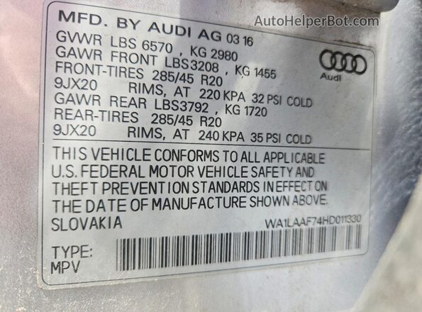 WA1LAAF74HD011330 2017 AUDI Q7 Silver VIN sticker view