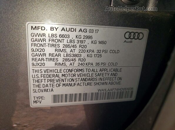 WA1LAAF74HD051035 2017 AUDI Q7 Gray Widok naklejki z numerem VIN
