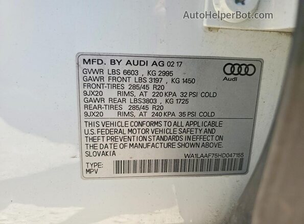 WA1LAAF75HD047155 2017 AUDI Q7 White VIN sticker view